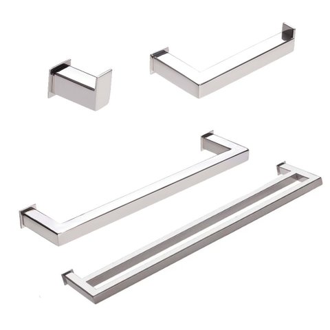 Kit de Acessórios para Banheiro com 4 Peças em Aço Inox Polido Linha Larissa com Toalheiro Duplo