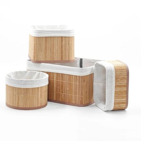 Kit 4 Cestos Organizadores de Bambu Multiuso C/ Forro