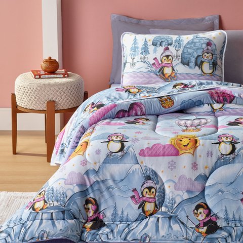 Edredom Infantil Solteiro Estampado 100% Algodão Pinguins Vivaldi Kids
