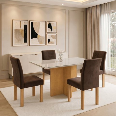 Conjunto de Mesa de Jantar 4 Lugares Retangular 120x80cm Vidro Cinamomo e Off White