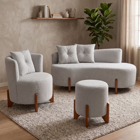 Kit Decorativo Sofá Curvo Orgânico + 01 Puff e Poltrona Luna Boucle Cinza Claro - Montanaris Decor