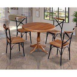 Mesa Jantar Madeira Maciça Redonda 80cm Madalena 4 Cadeiras Paris Base Alumínio Castanho - 1