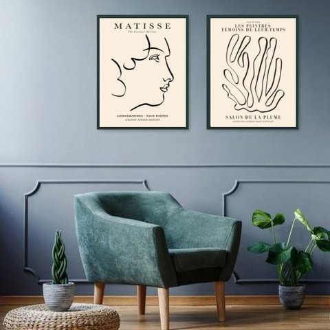 Kit 2 Quadros Minimalistas Bege - Matisse 33x24cm - com Vidro:moldura Branca