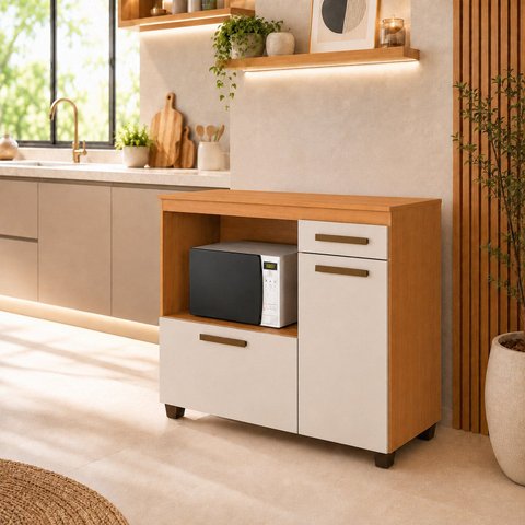 Balcão para Cozinha Tampo MDF 2 Portas 1 Gaveta com Nicho Micro-Ondas Cronos Espresso Móveis