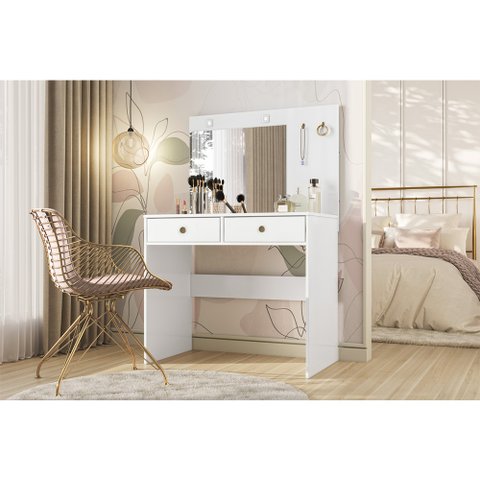 Cômoda Camarim Ideal 90cm 2 Gavetas com Espelho e Luminárias de Led Branco Moval