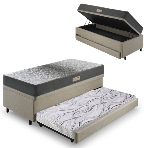 Bicama Box Baú Solteiro com Colchão Dual Firm Ecoflex Linho Bege 88x188