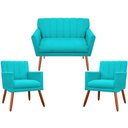 Ver imagem 1 de Kit Namoradeira + 2 Poltronas Decorativa Cecília Suede Azul Tifany Pés Madeira Mz Decor