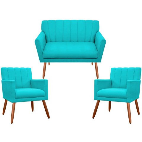 Kit Namoradeira + 2 Poltronas Decorativa Cecília Suede Azul Tifany Pés Madeira Mz Decor