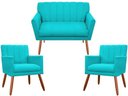 Ver imagem 1 de Kit Namoradeira + 2 Poltronas Decorativa Cecília Suede Azul Tifany Pés Madeira Mz Decor