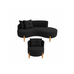 Conjunto 01 Poltrona + Sofá Curvo Orgânico Veludo Preto - Montanaris Decor