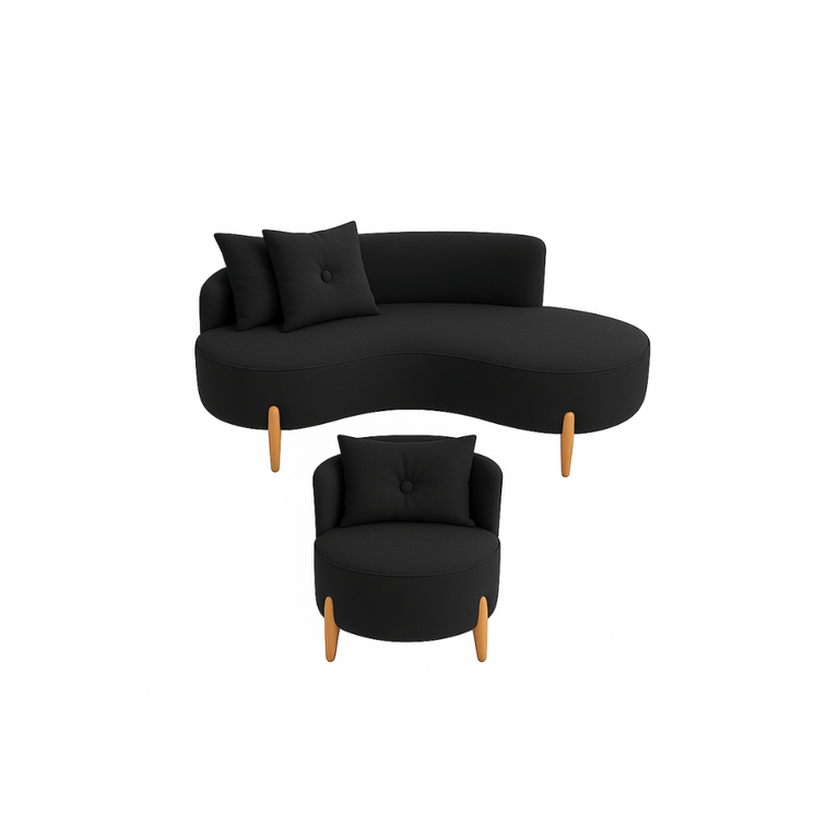Conjunto 01 Poltrona + Sofá Curvo Orgânico Veludo Preto - Montanaris Decor