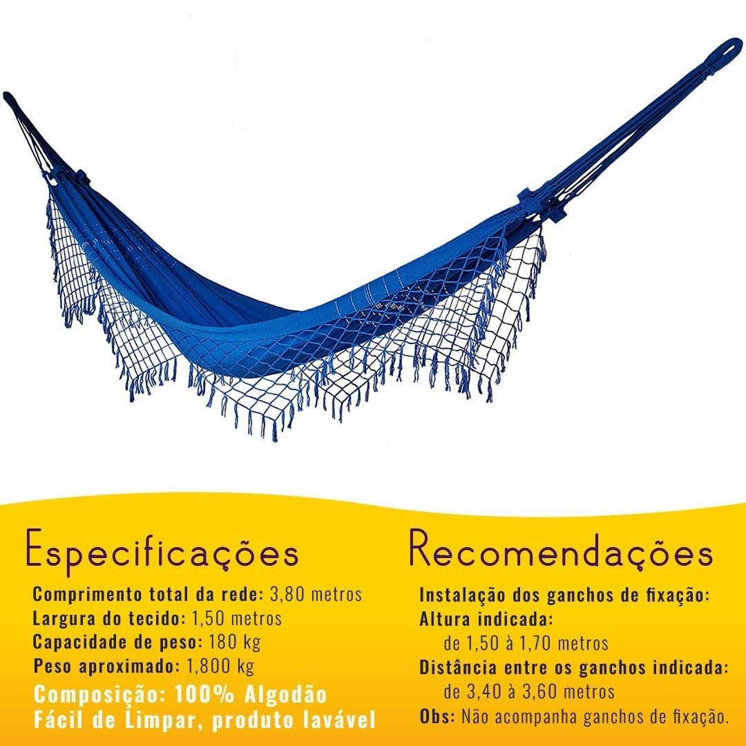 Rede de Dormir Casal Balanço de Algodão Reforçada 3,80m x 1,50m Varias Cores:Azul Royal - 3
