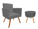 Ver imagem 1 de Kit Poltrona Decorativa Nina + Puff Redondo Suede Cinza Pés Madeira Mz Decor