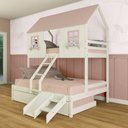 Ver imagem 1 de Treliche Casal/ Solteiro Casinha Encantada com Kit Escada/ Escorregador Madeira Maciça Branco/ Rosa