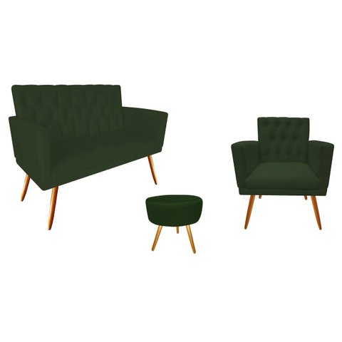 Kit Namoradeira + 1 Poltrona Decorativa Nina Capitonê + Puff Redondo Suede Verde Pés Madeira Ms Deco