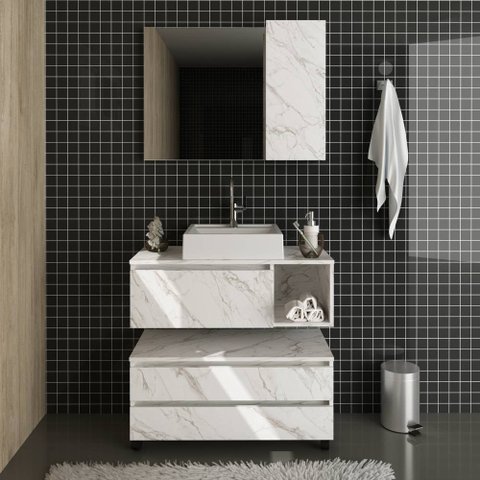 Conjunto Kit para banheiro 80cm com Gabinete fixo e móvel espelheira e cuba CJ43018-103 Móvel na Cai