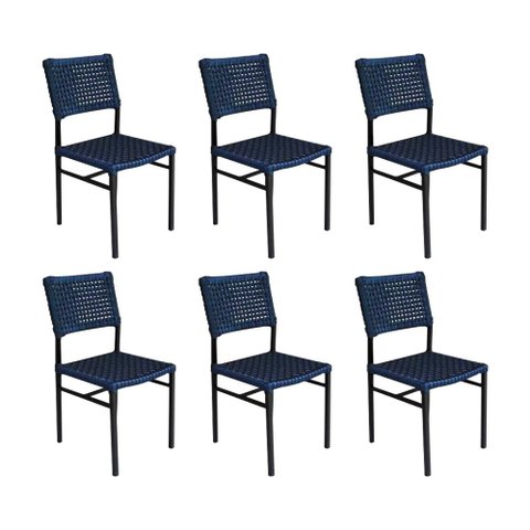 Kit 6 Cadeiras França Corda Náutica Base em Alumínio Preto/azul Marinho
