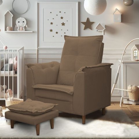 Poltrona Amamentação Lara com Puff para Quarto de Bebê Confortável Suede Marrom