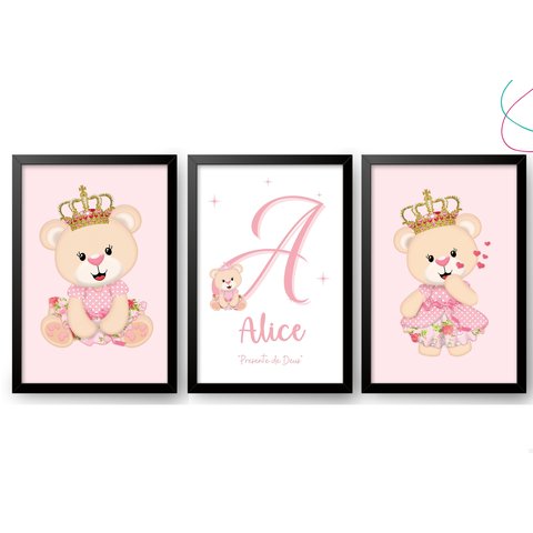 Kit com 3 Quadros Decorativos do Tema Ursinha Princesa:preta