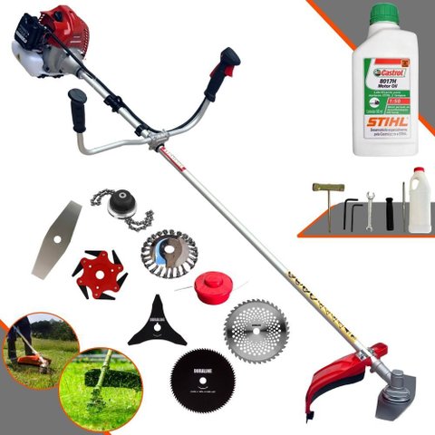 Roçadeira Completa Kawashima Bcj620l 62cc 3hp com Kit 8 Opções de Corte + Óleo Stihl 2t