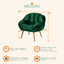 Poltrona Decorativa Almofadada Pé Palito Veludo Dallas Verde - Sofá Casa - 3
