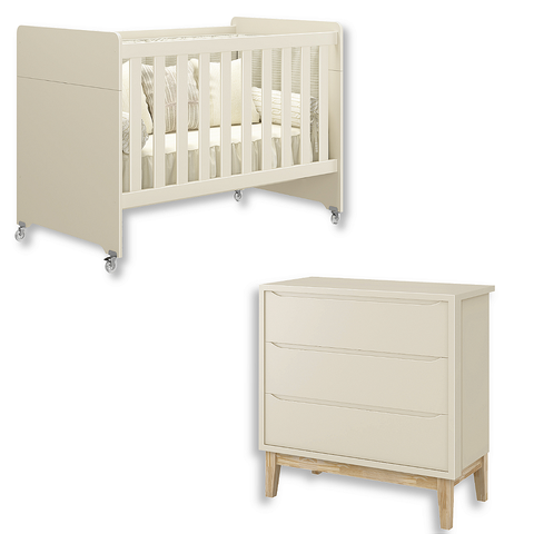 Quarto de Bebê Berço Evolution + Cômoda 3 Gavetas Classic Areia Madeira Natural
