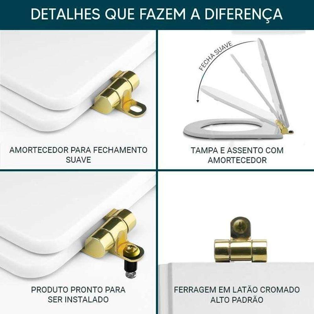 Tampa de Vaso Poliéster com Fechamento Lento Ibiza Branco para Louça Incepa com Ferragem Dourada - 6