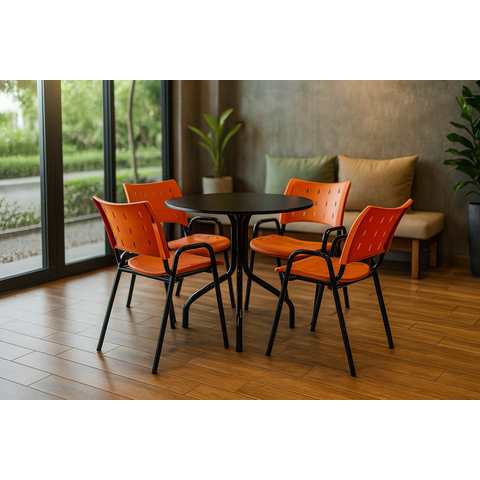 Jogo Mesa Redonda para Restaurante Comércio com 4 Cadeiras Iso Laranja Base Preta Ecomhome