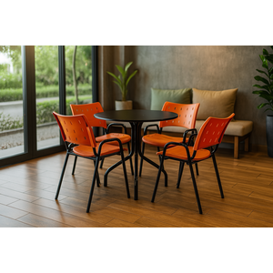 Jogo Mesa Redonda para Restaurante Comércio com 4 Cadeiras Iso Laranja Base Preta Ecomhome