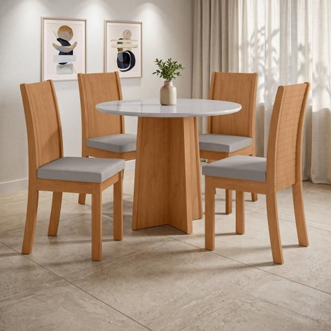 Conjunto Sala de Jantar Mesa Redonda Celebrare 100cm Tampo Vidro e 4 Cadeiras Athenas Veludo Cinza
