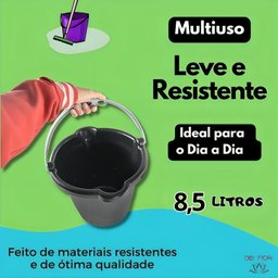 Balde 8,5 Litros Preto C/ Alça Limpeza Domestica Preto Faxina Jardinagem Redondo Material Resistente - 3