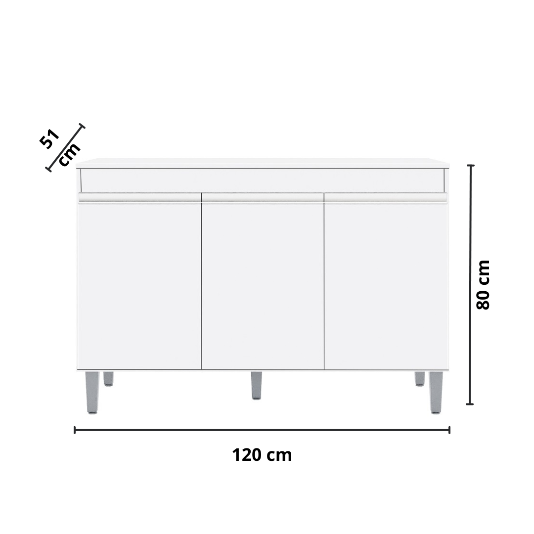 Balcão Cozinha Manu 120 Cm com Pés 3 Portas sem Tampo Branco - Ajl Móveis - 3