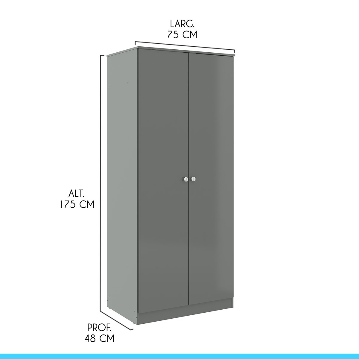 Guarda-roupa Solteiro 2 Portas Cabideiro 75x175cm London Cinza 6502 - 3