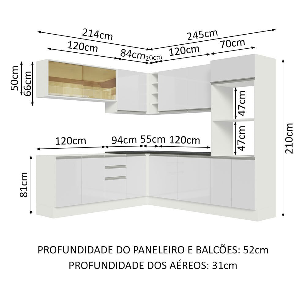 Cozinha Completa de Canto 100% MDF Madesa Acordes 459001 Armário e Balcão Frentes Branco Brilho Cor: - 3