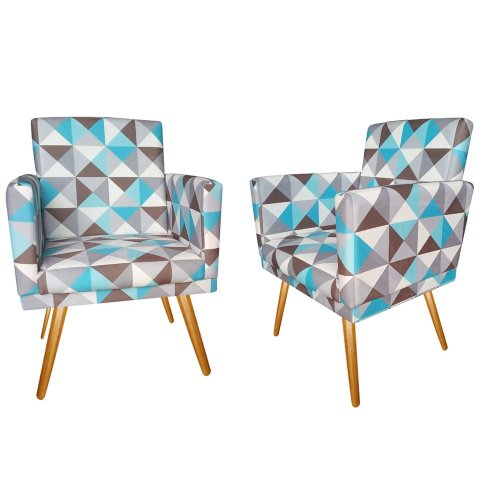 Kit 2 Poltronas Decorativa Nina Suede Triângulo Azul Pés Madeira Ms Decor