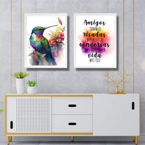 Kit 2 Quadros Amizade Beija-flor 24x18cm - com Vidro:moldura Preta