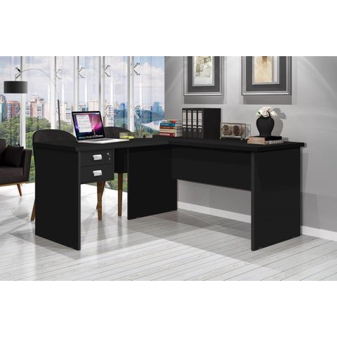 Mesa / Escrivaninha em L Para Computador TAUR 2 Gavetas sendo 1 Com Chave e Puxadores Cromados Cor P