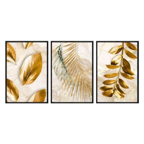Kit 03 Quadros Decorativos - Natureza Dourada Folhas Ouro Flnt051 - Vidro com Impressão Uv - 40x60cm