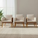 Ver imagem 1 de Kit 3 Poltronas Decorativas Lis para Sala Quarto Linho Corino Assento Confortável Pé Palito Castanho