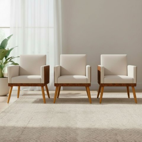 Kit 3 Poltronas Decorativas Lis para Sala Quarto Linho Corino Assento Confortável Pé Palito Castanho