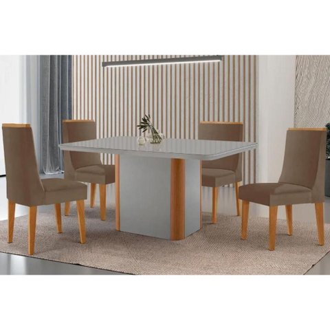 Conjunto: Mesa Sala Jantar Pietá Tampo c/ Vidro Curvo 120cm+4 Cadeiras Dakota Madeira Naturale/Off