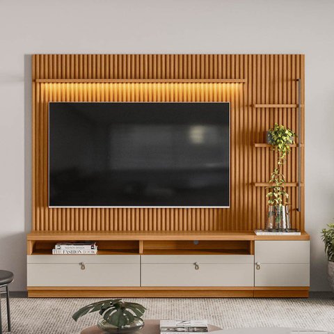 Rack com Painel Ripado para TV 75 Pol. 224cm Golden L06 Nature/Off White - Mpozenato