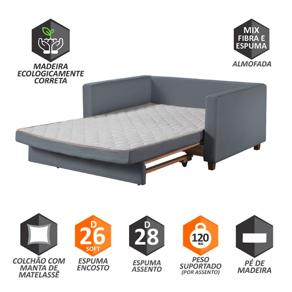 Sofá Cama Casal Marcelle 2 Lugares 150cm Linho Pé de Madeira - Talento Móveis - 5