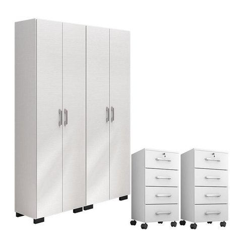 Kit 2 Gaveteiros para Escritório Gávea com Chave e 2 Livreiros Office com Portas Grandes Branco Fosc