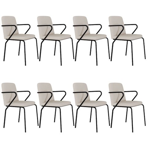 Kit 08 Cadeiras Estofada para Sala de Jantar com Braço Loft Preto C01 Linho Areia - Lyam Decor