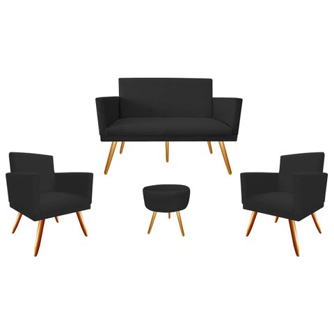 Kit Namoradeira + 2 Poltronas Decorativa Nina + Puff Redondo Suede Preto Pés Madeira Mz Decor