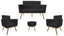Ver imagem 1 de Kit Namoradeira + 2 Poltronas Decorativa Nina + Puff Redondo Suede Preto Pés Madeira Mz Decor