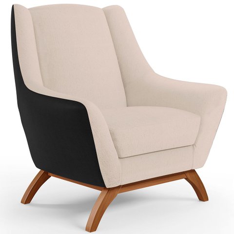 Poltrona Decorativa Base em Madeira Juliet D02 Corano Preto C-05 Linho Bege C-107 - Lyam Decor