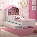 Ver imagem 3 de Bicama Infantil Solteiro Lívia Casa Menina com Cama Auxiliar MDF-MDP Branco Rosa