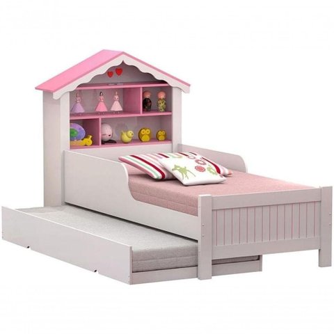 Bicama Infantil Solteiro Lívia Casa Menina com Cama Auxiliar MDF-MDP Branco Rosa
